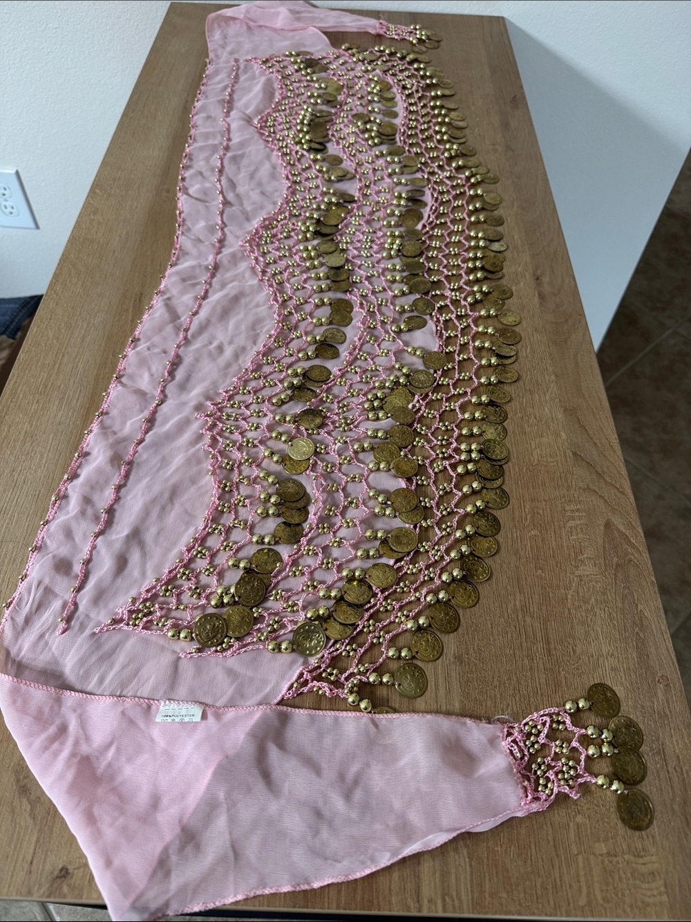 Pink Coin Fringe Belly Dance Hip Scarf with Gold Coins